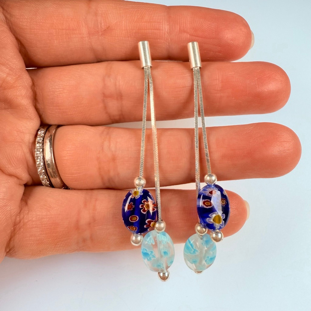 Blown Lamp Work Glass Bead Sterling Silver 925 Long Drop Vintage 2.3" Earrings - Picture 5 of 6